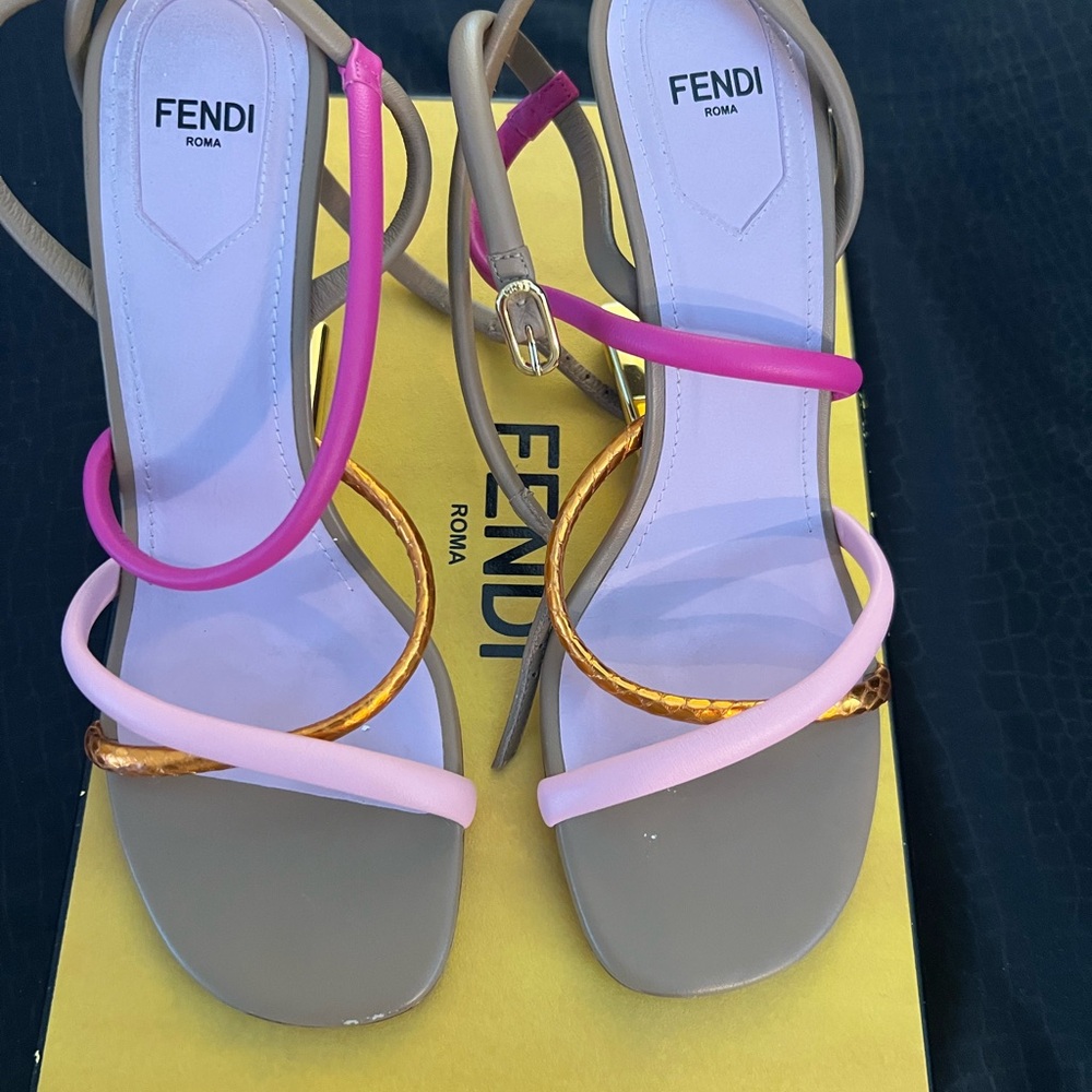Fendi Pink and Gold Heels with Strappy Design